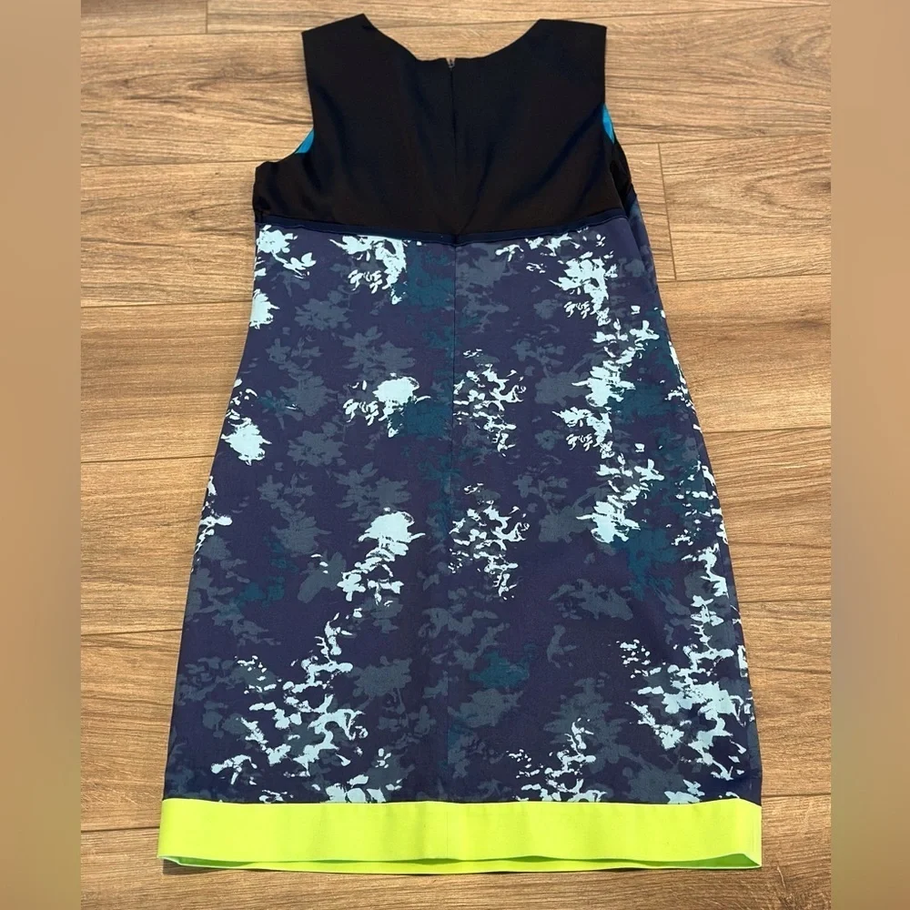 Tahari Nuria Blue Cloud Sleeveless Dress with Lime Green Stripe Size 10